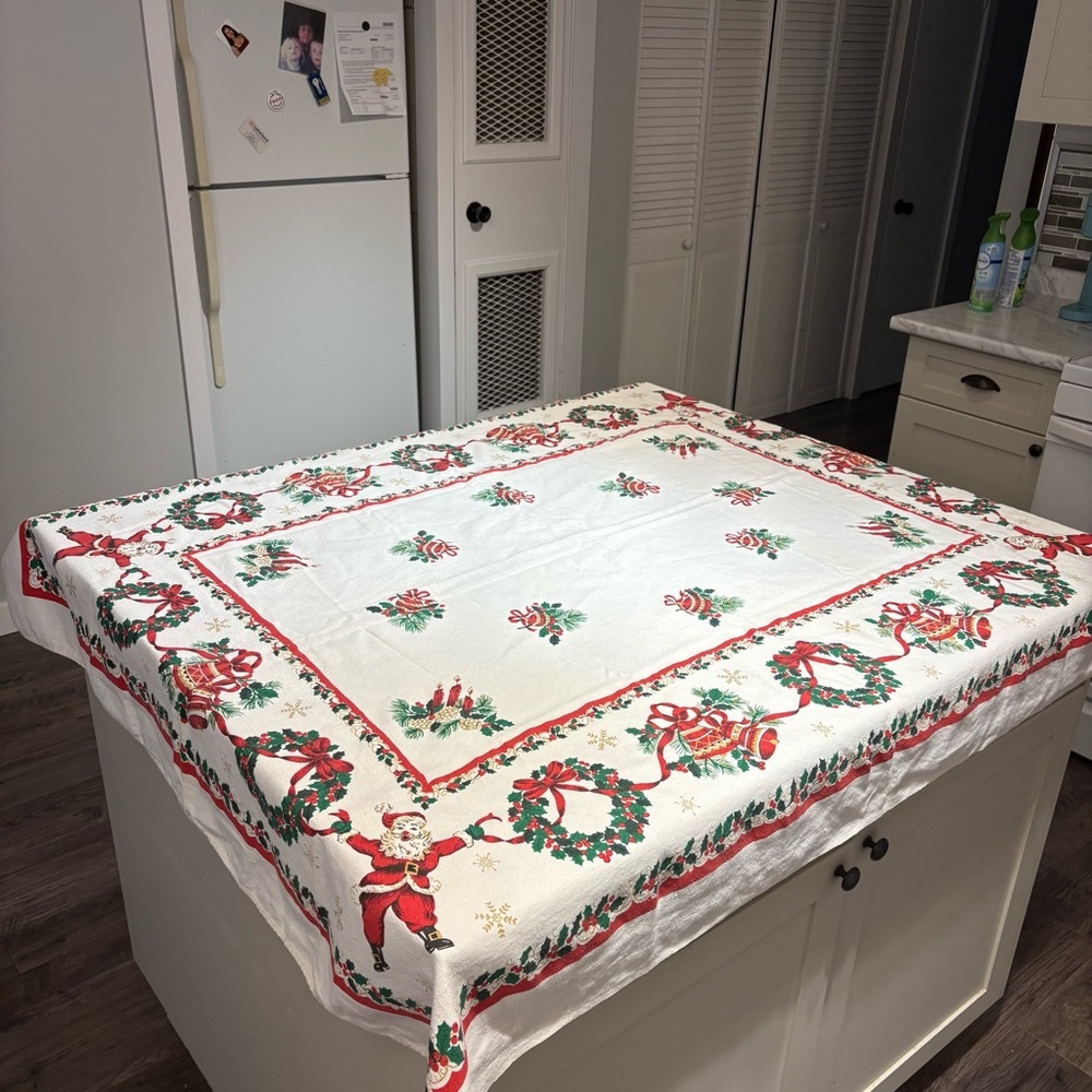 Vintage Santa Table Cloth MCM festive linen